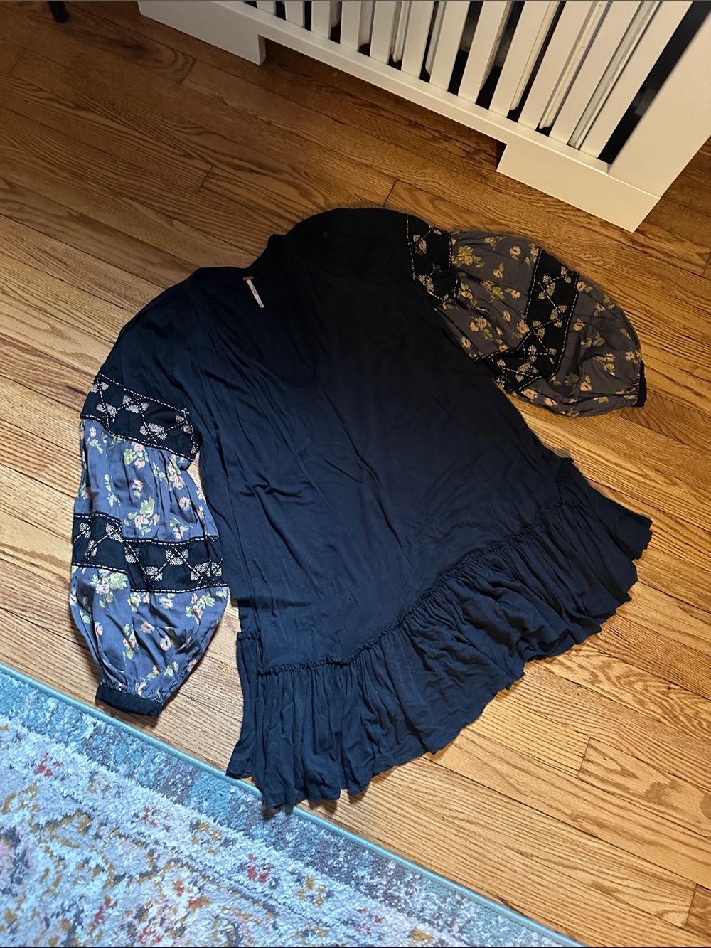 Free People Black Tunic with Floral Printed Lace-Trim Sleeves